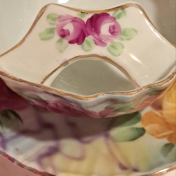 Vintage Mustache Cup & Saucer Shabby Pink Red and Yellow Roses Gold Accent. - Picture 7 of 8